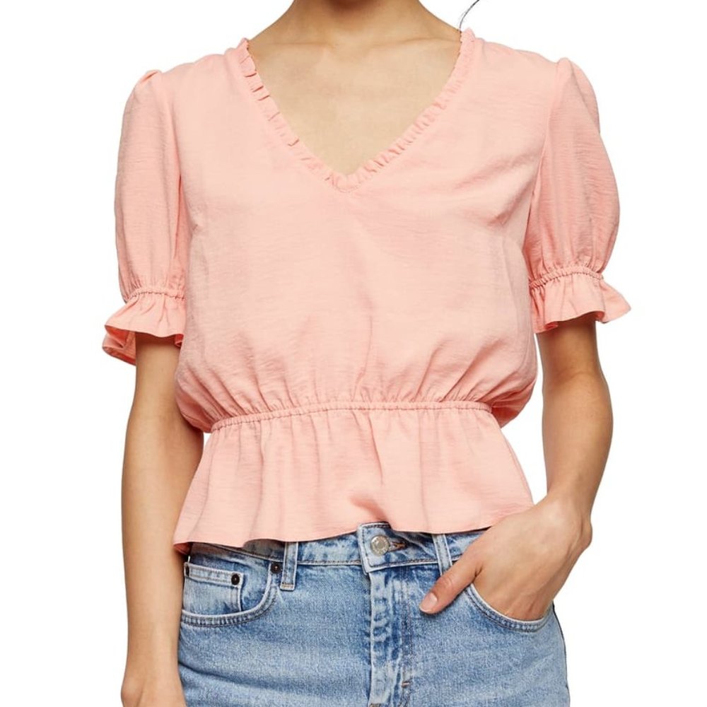 NWT Topshop Y2K Baby Pink Ruffle Trim Peplum Shirt